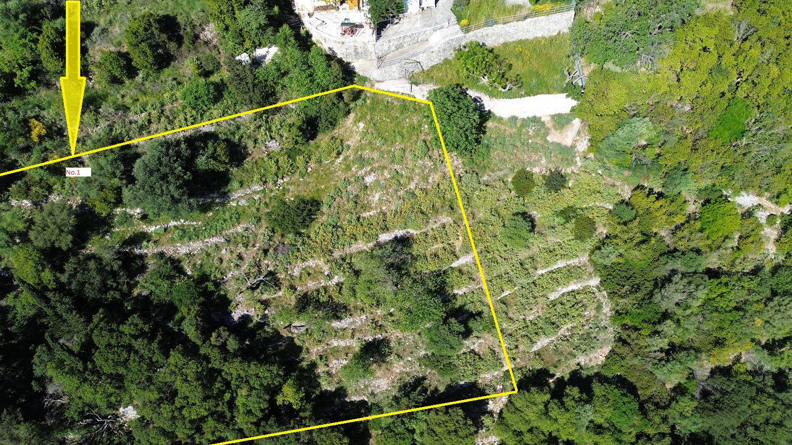 Aerial view with border and location of land for sale in Ithaca Greece, Exoghi