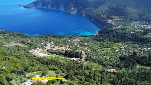 Aerial view and location of plot 1 of land for sale in Ithaca Greece, Exoghi