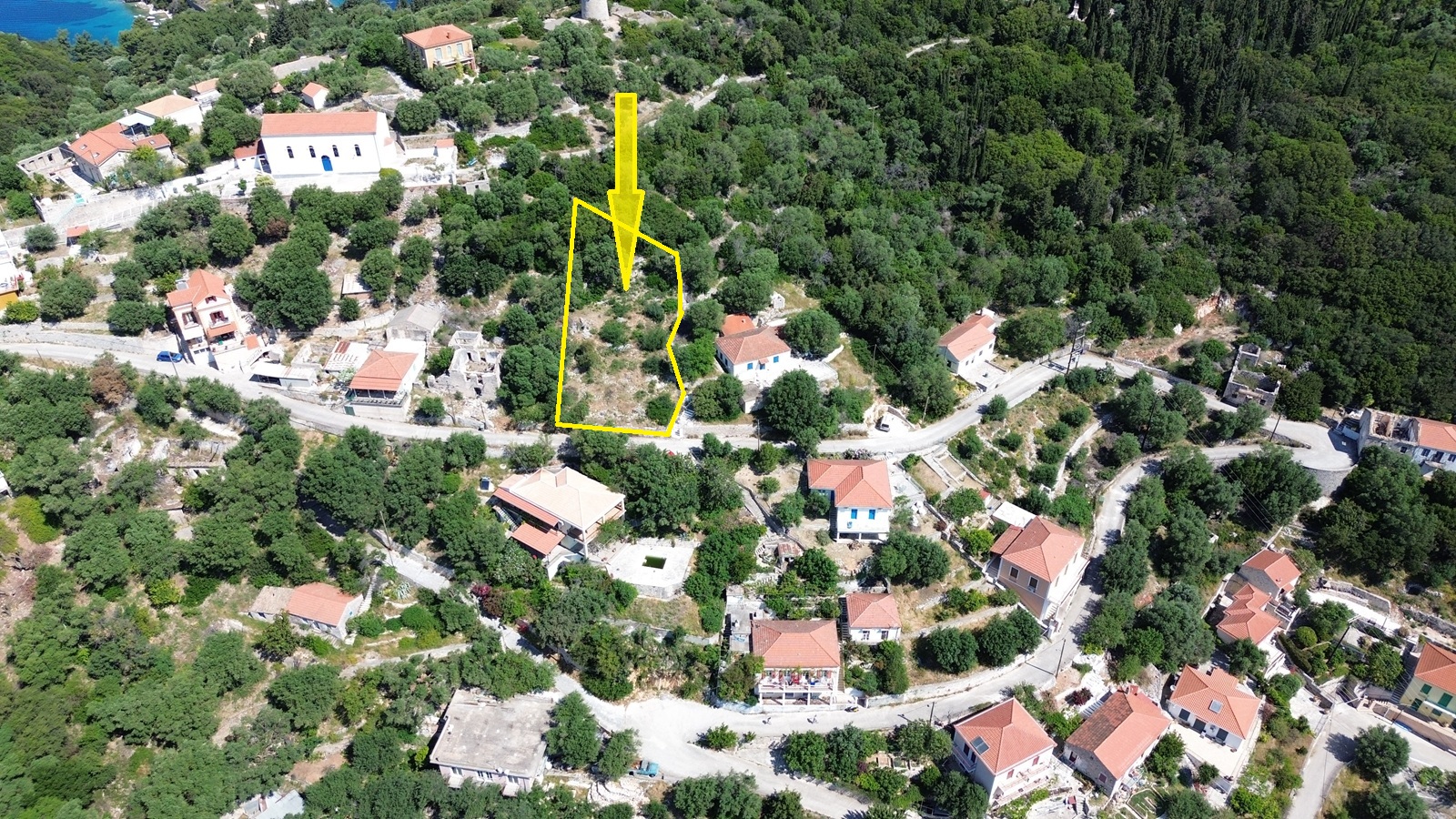 Aerial view with location and border of land for sale in Ithaca Greece, Kioni