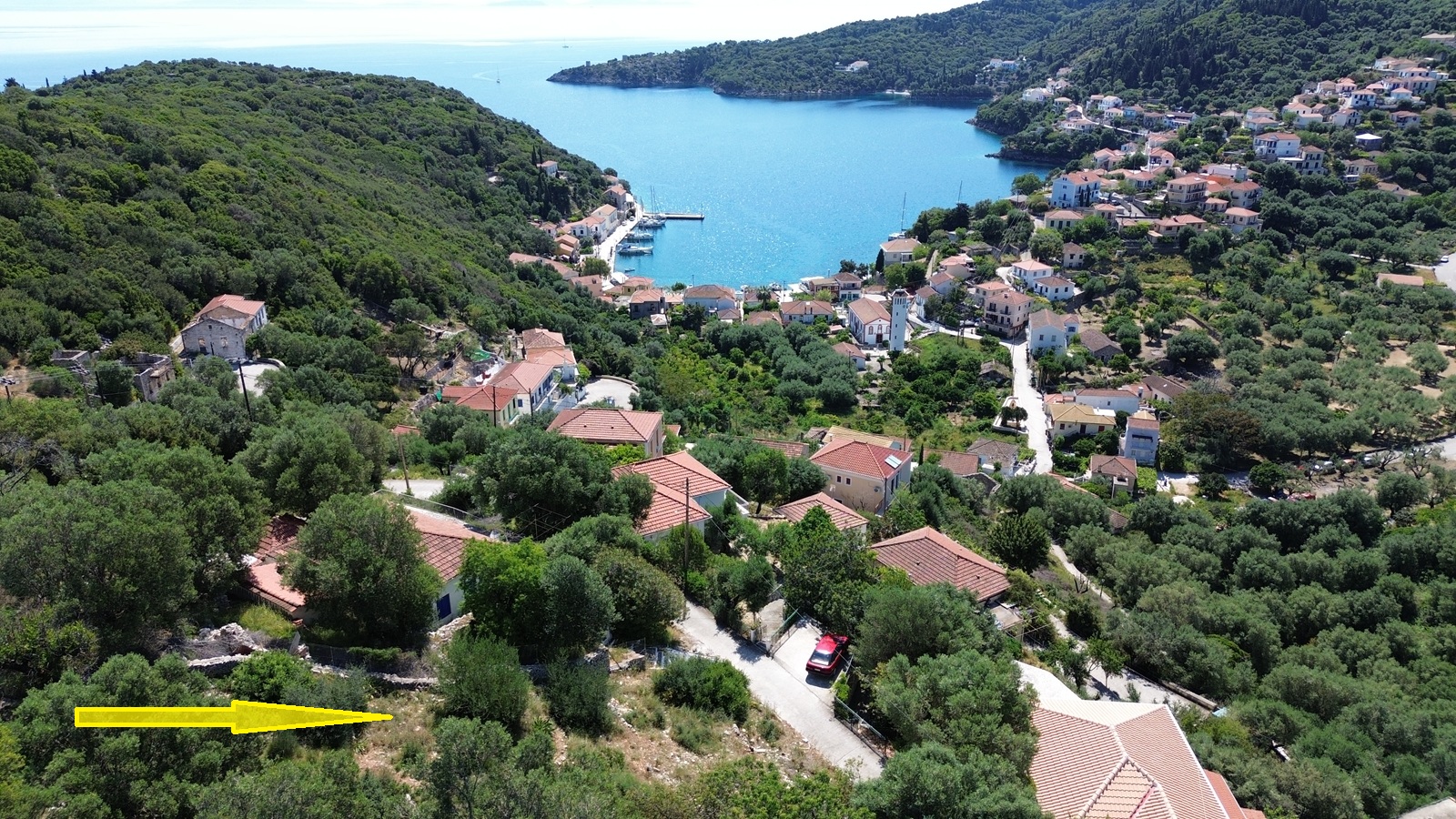 Aerial view and location of land for sale in Ithaca Greece, Kioni