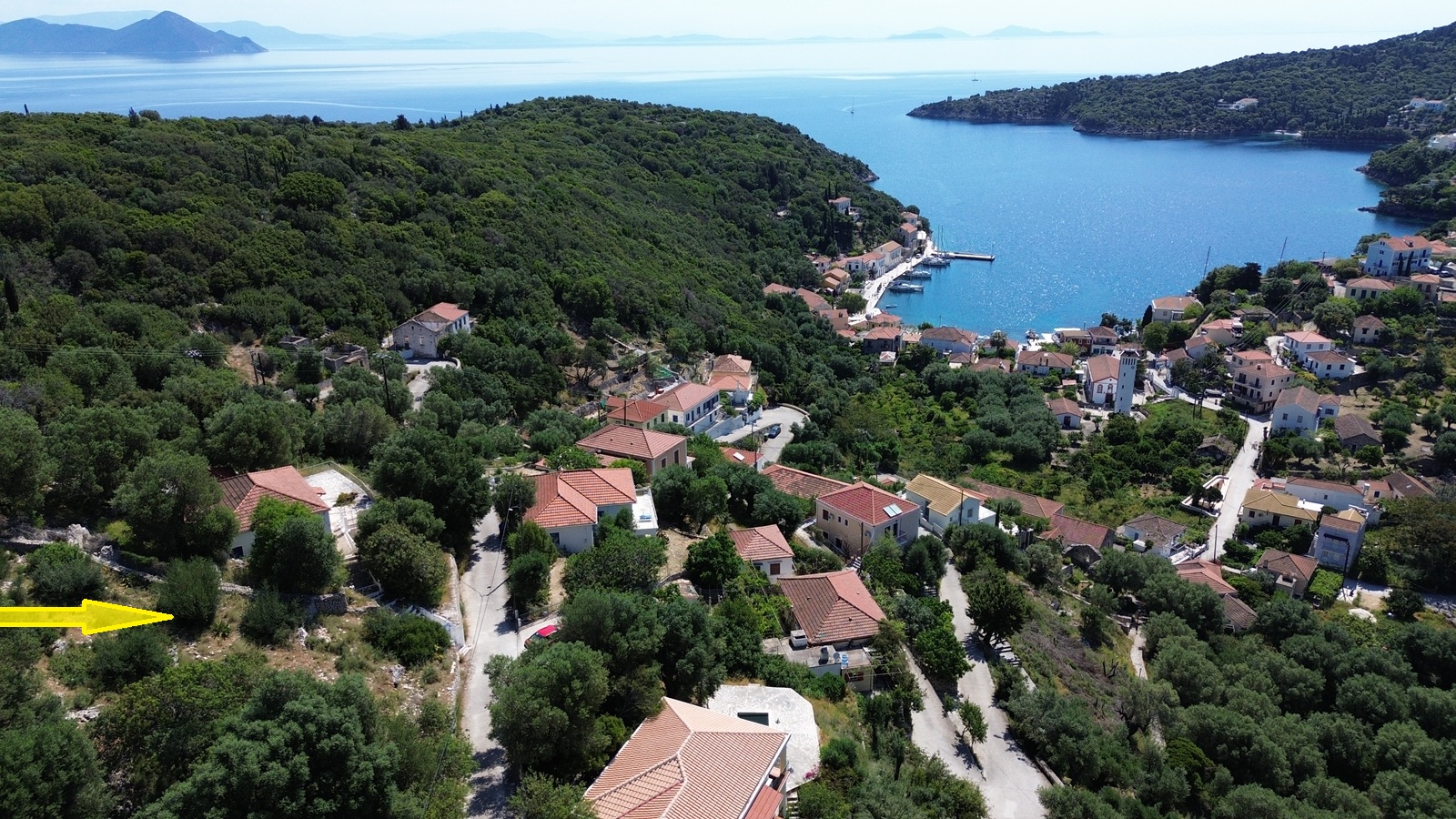 Aerial view and location of land for sale in Ithaca Greece, Kioni
