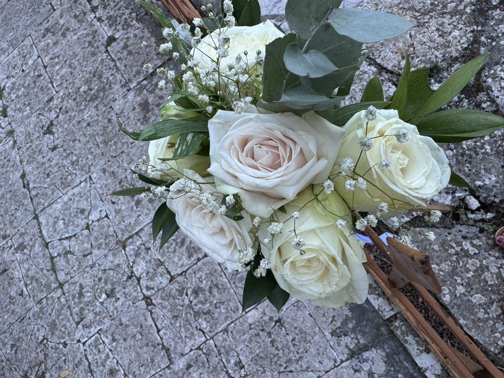 Flower details at church wedding ceremony in Ithaca Greece, Anoghi