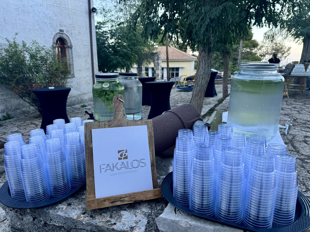 Welcome drinks and buffet at wedding reception in Ithaca Greece, Anoghi