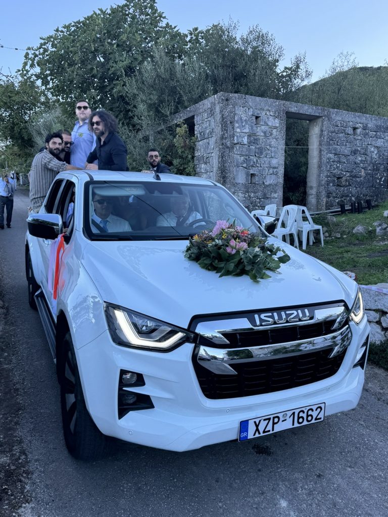 Groom arriving at church wedding ceremony in Ithaca Greece, Anoghi