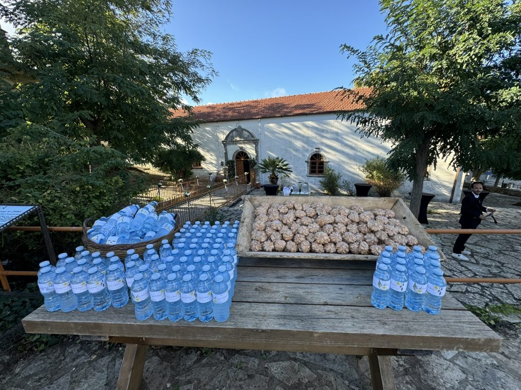Water bottles and traditional sweets at wedding reception in Ithaca Greece, Anoghi