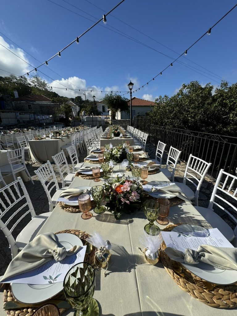 Table setting at wedding reception in Ithaca Greece, Anoghi