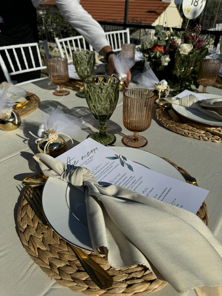 Table setting at wedding reception in Ithaca Greece, Anoghi