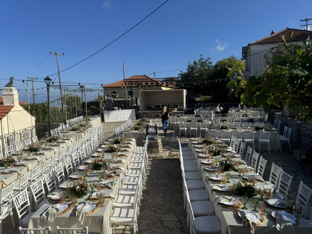 Table setting at wedding reception in Ithaca Greece, Anoghi