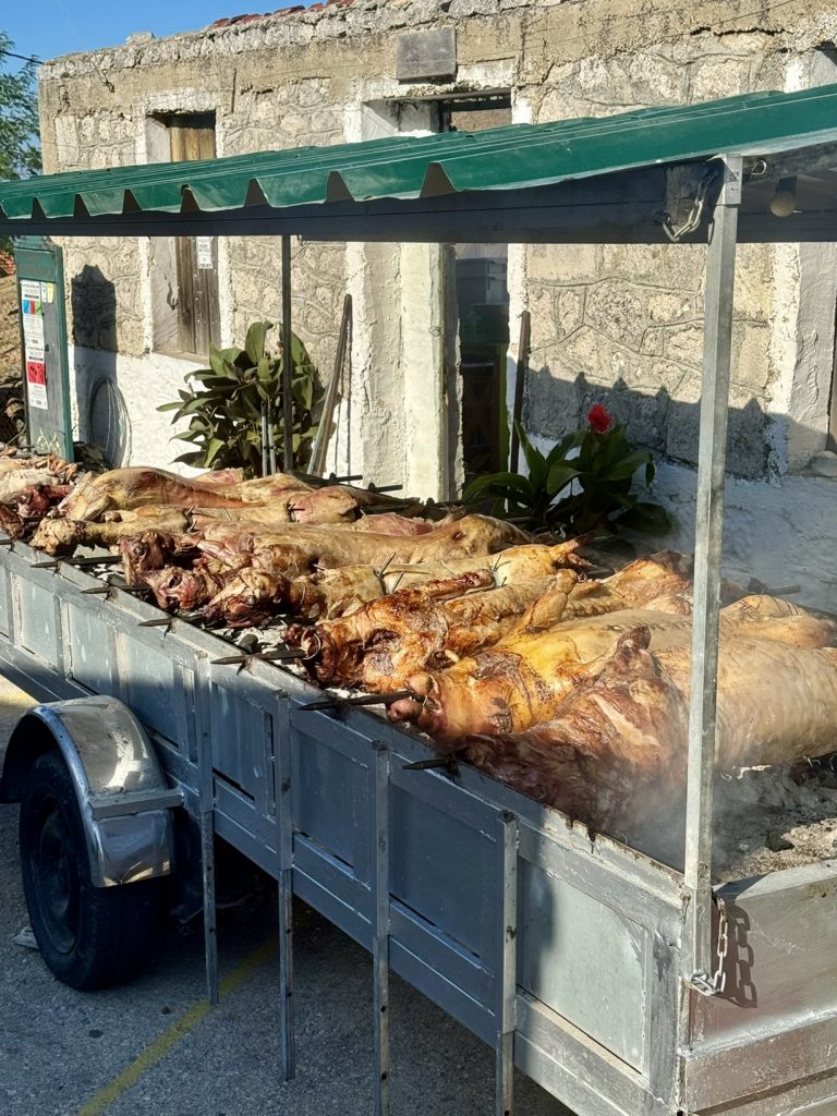 Piglet on the spit at wedding reception in Ithaca Greece, Anoghi