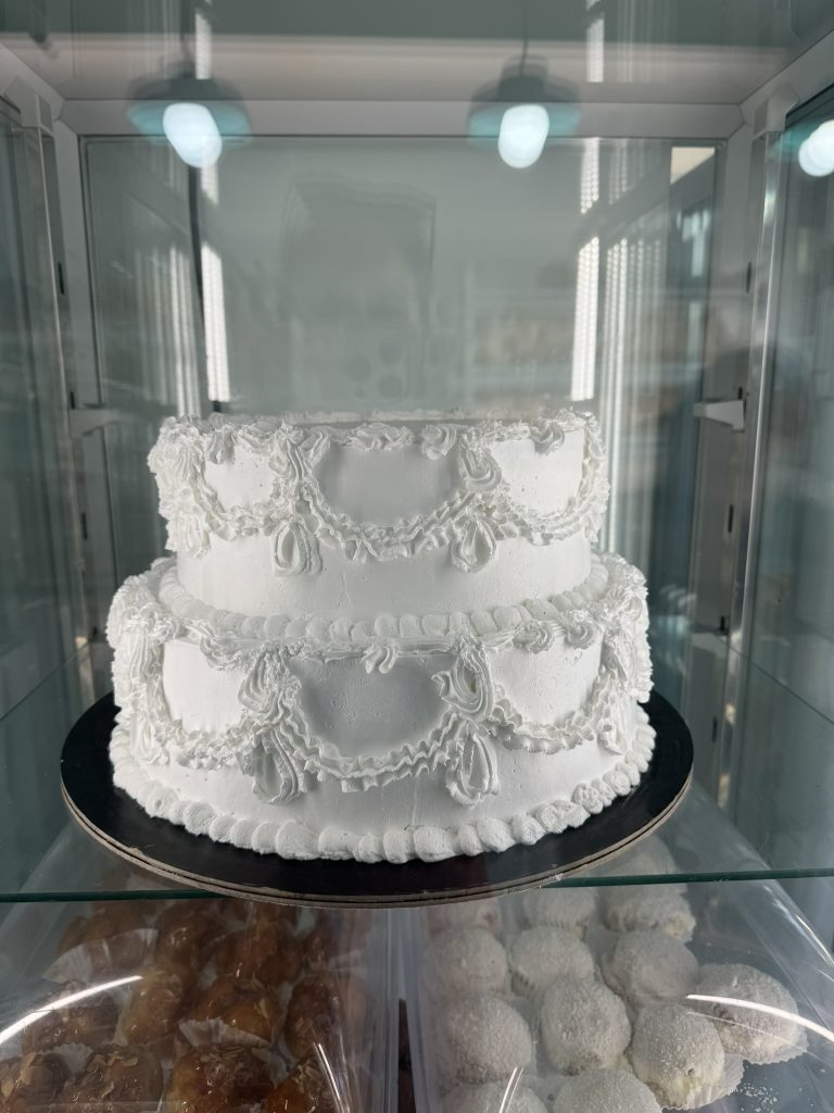 Wedding cake at wedding reception in Ithaca Greece, Anoghi