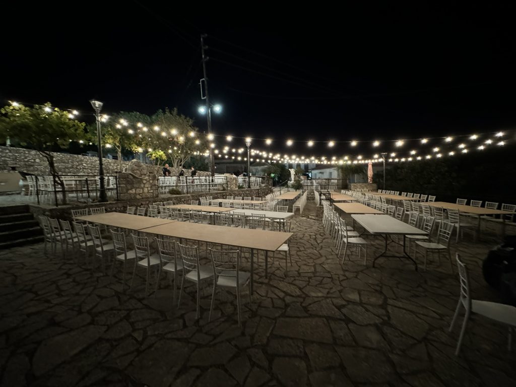 Table setting at wedding reception in Ithaca Greece, Anoghi