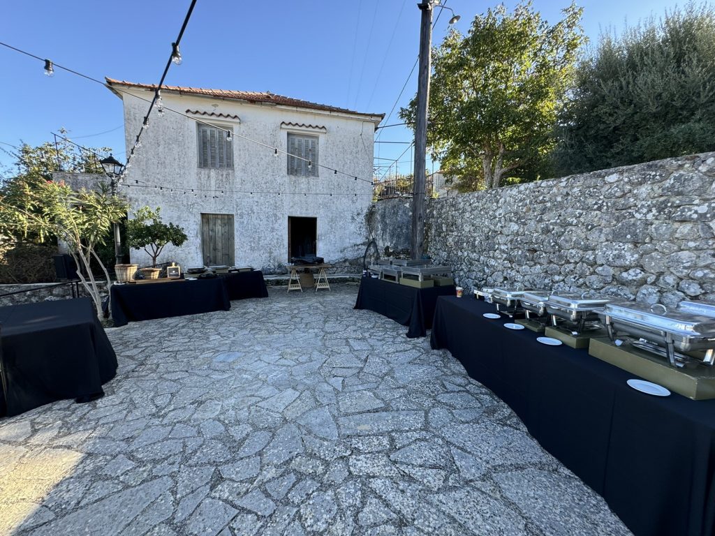 Catering buffe setting at wedding reception in Ithaca Greece, Anoghi