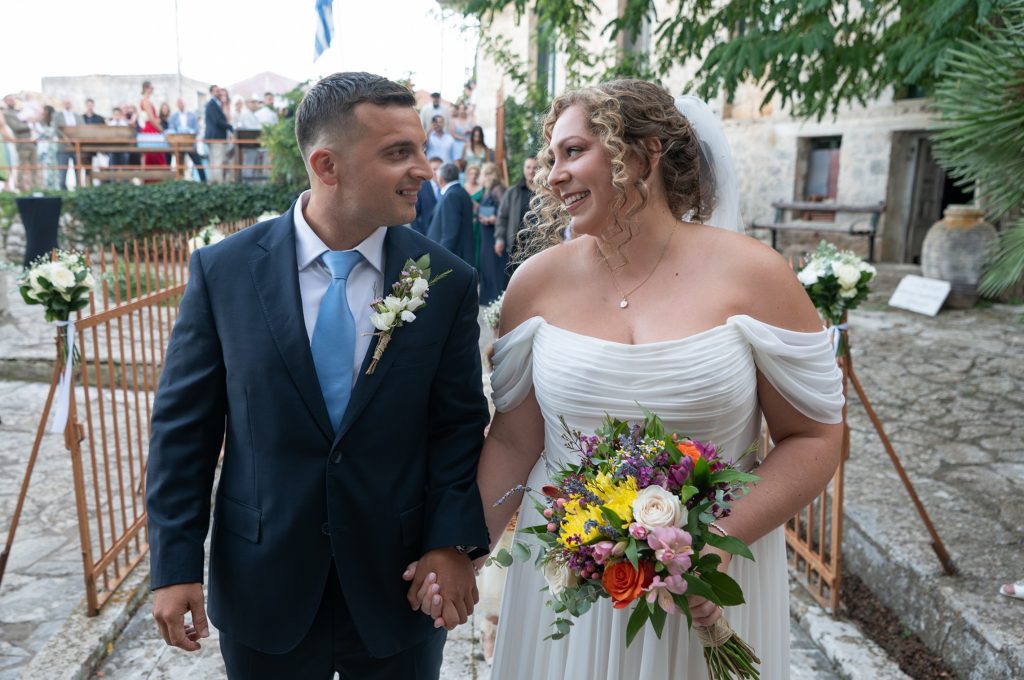 Couple arriving at church for wedding in Ithaca Greece, Anoghi