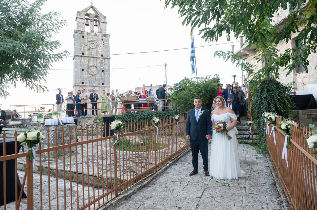 Couple arriving at church for wedding in Ithaca Greece, Anoghi