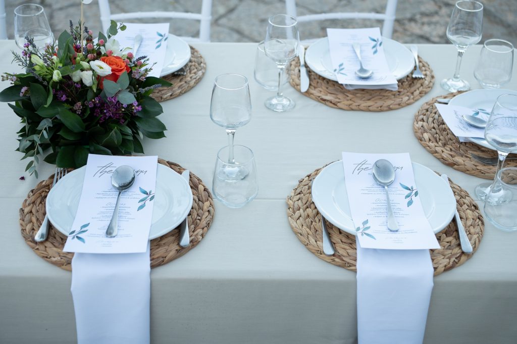 Table setting at wedding reception in Ithaca Greece, Anoghi