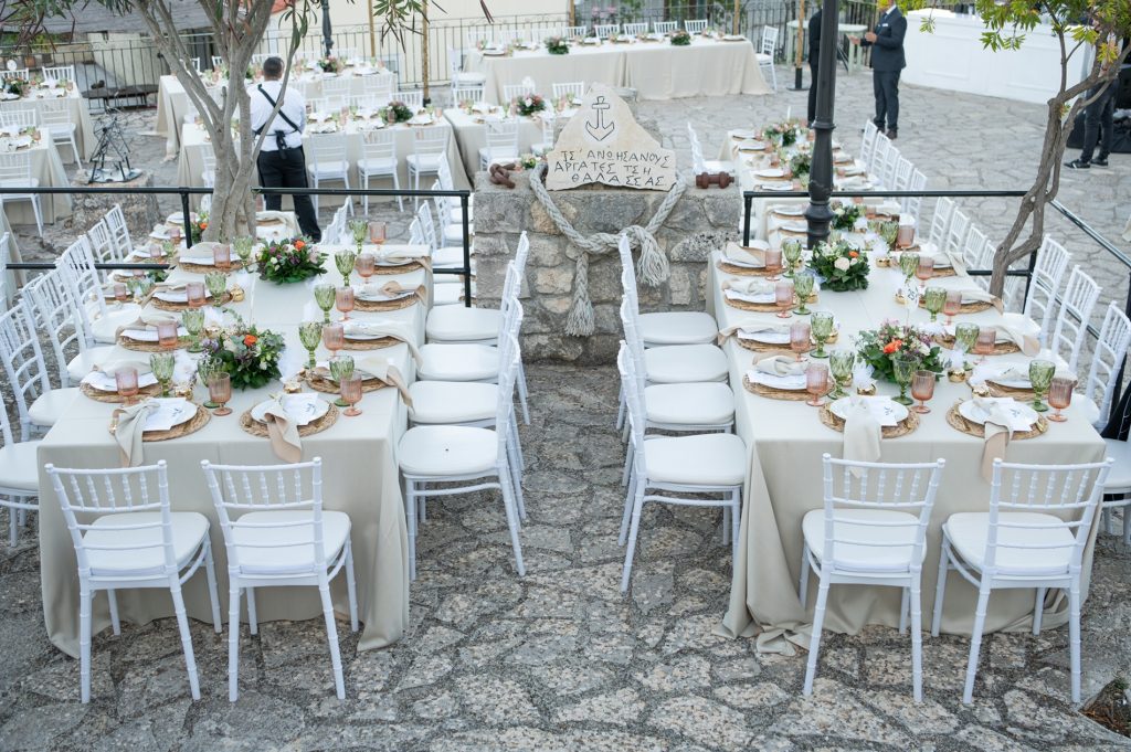 Table setting at wedding reception in Ithaca Greece, Anoghi