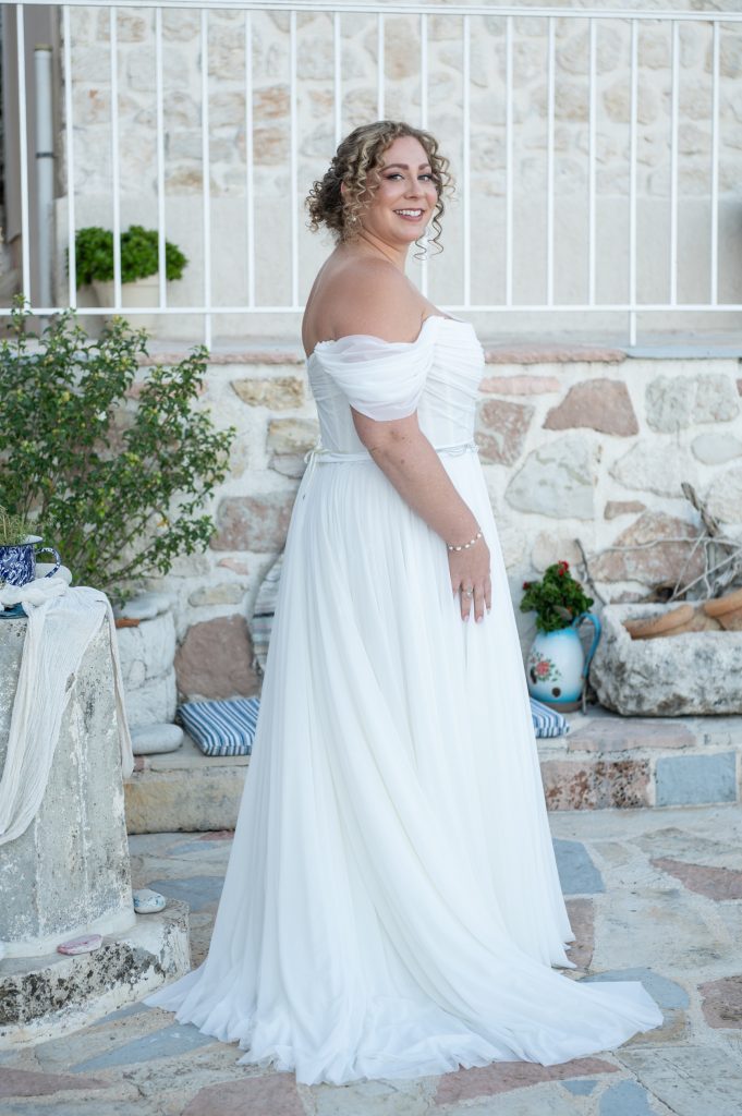 Bride at wedding reception in Ithaca Greece, Anoghi