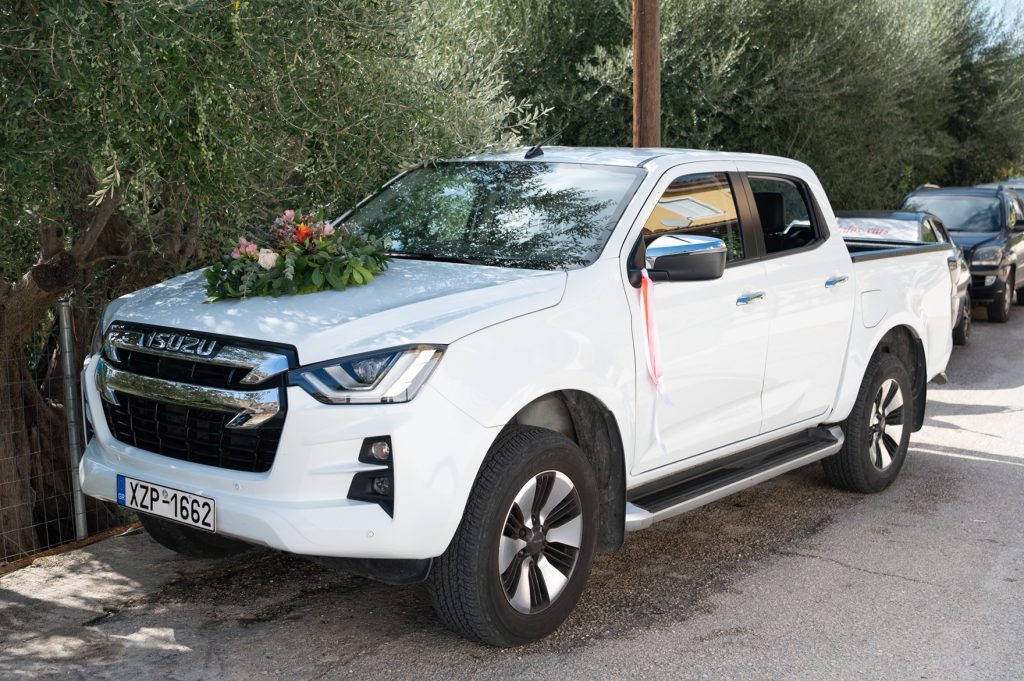 Grooms car at wedding in Ithaca Greece, Anoghi
