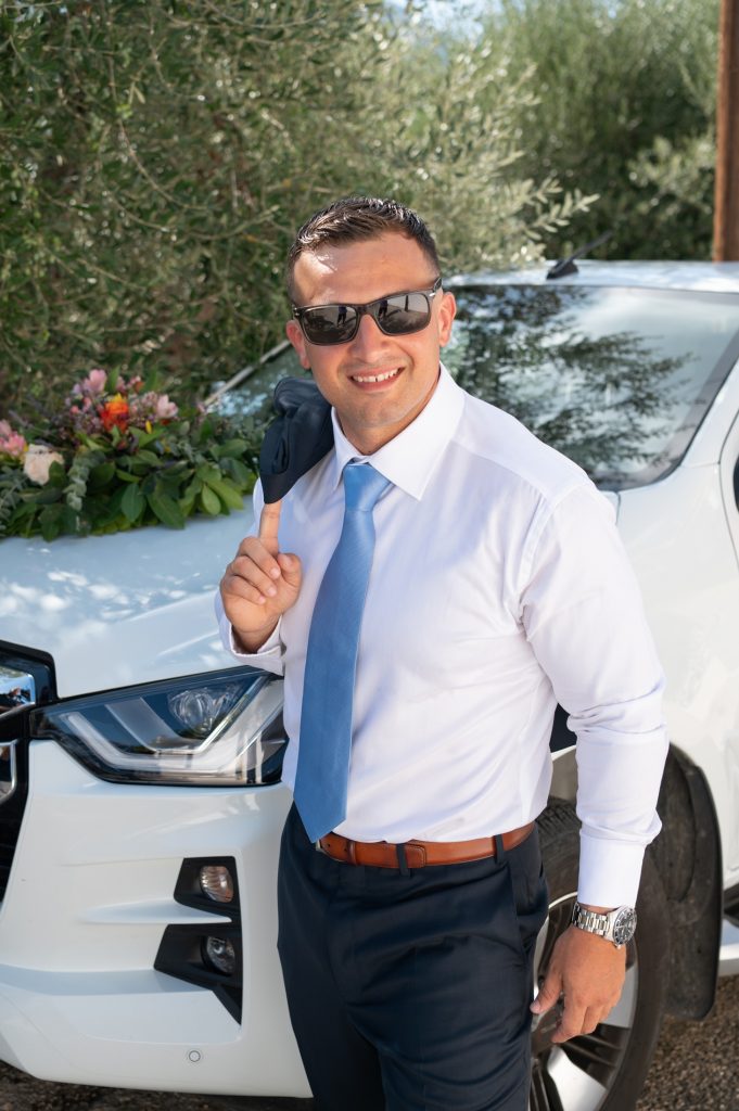 Groom at church for wedding in Ithaca Greece, Anoghi