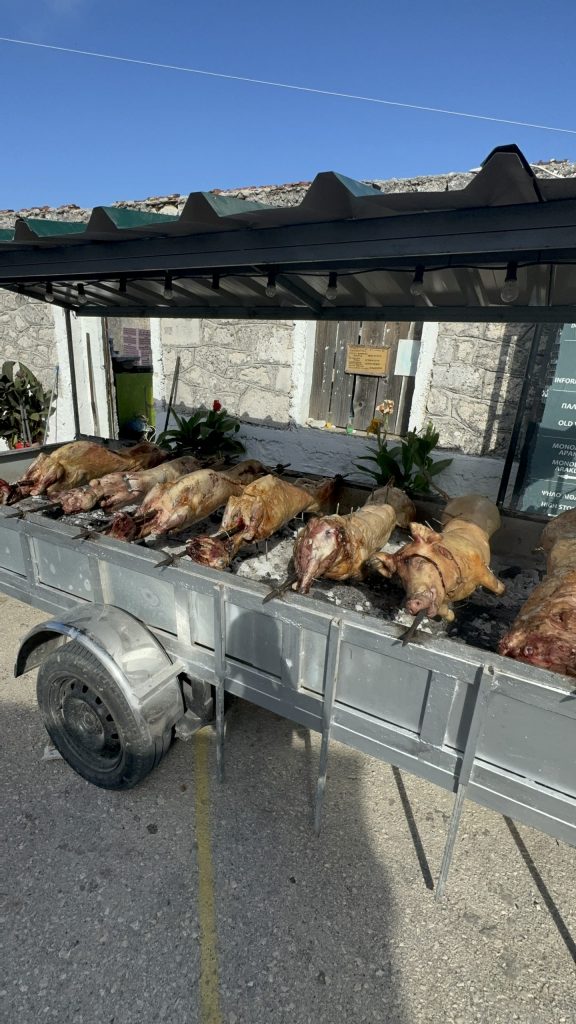Piglets on the spit at wedding in Ithaca Greece, Anoghi