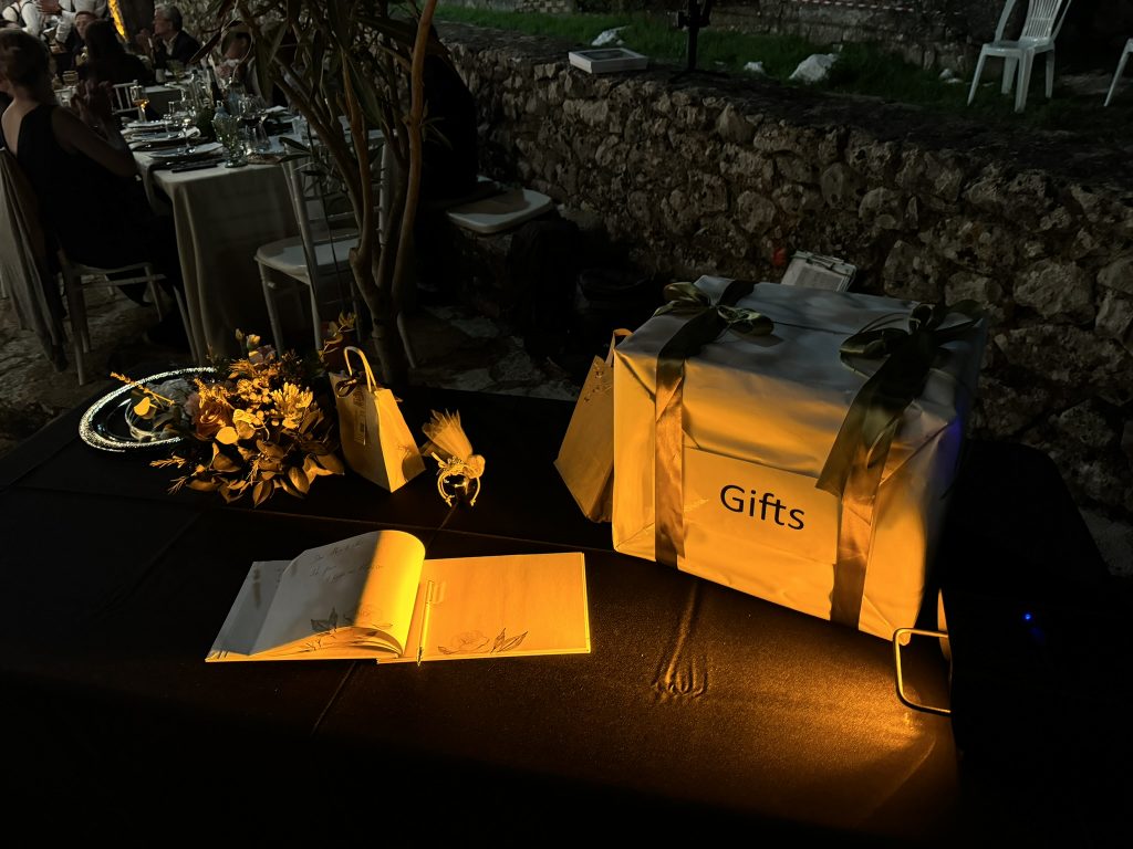 Guest book and gift box at wedding reception in Ithaca Greece, Anoghi
