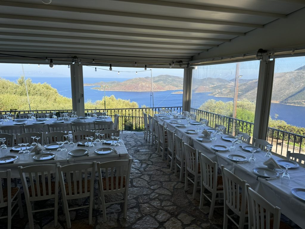 Table setting at wedding rehearsal dinner in Ithaca Greece, Anoghi