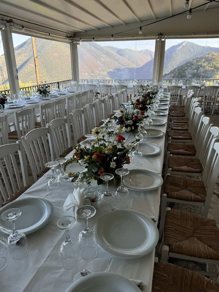 Table setting at wedding rehearsal dinner in Ithaca Greece, Anoghi
