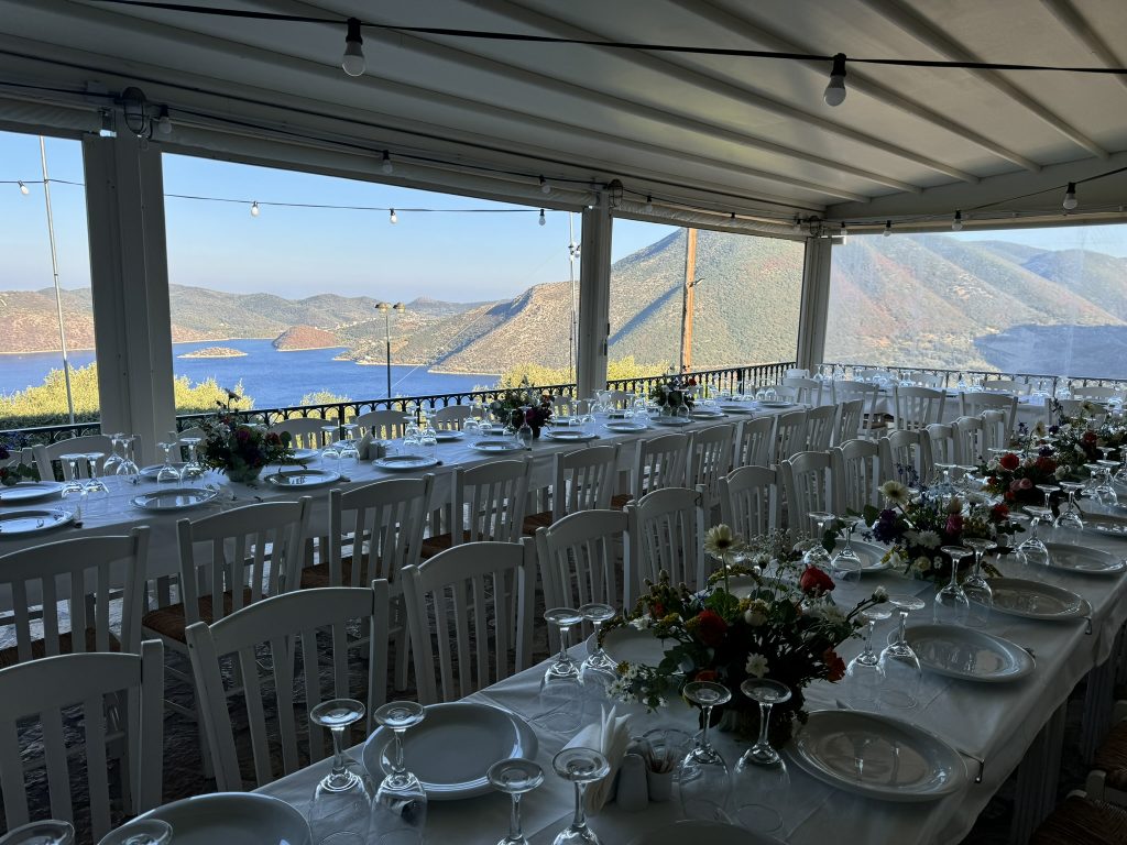 Table setting at wedding rehearsal dinner in Ithaca Greece, Anoghi