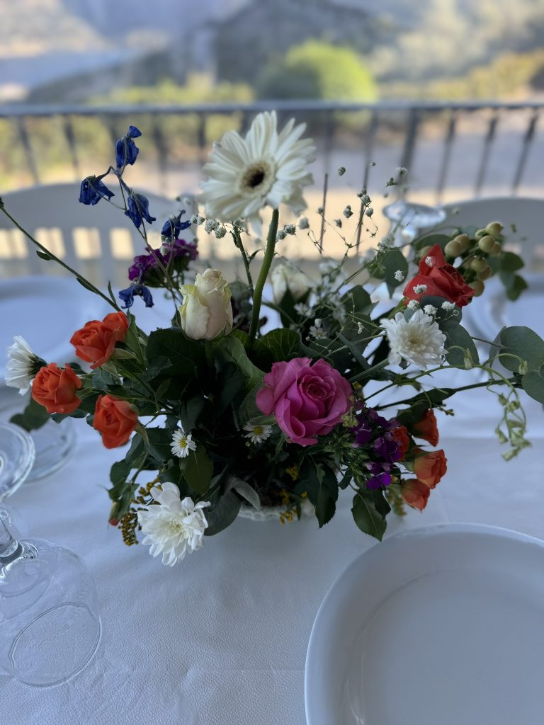 Flower detail at wedding rehearsal dinner in Ithaca Greece, Anoghi