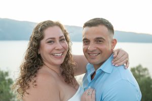 Couple at wedding rehearsal dinner in Ithaca Greece, Anoghi