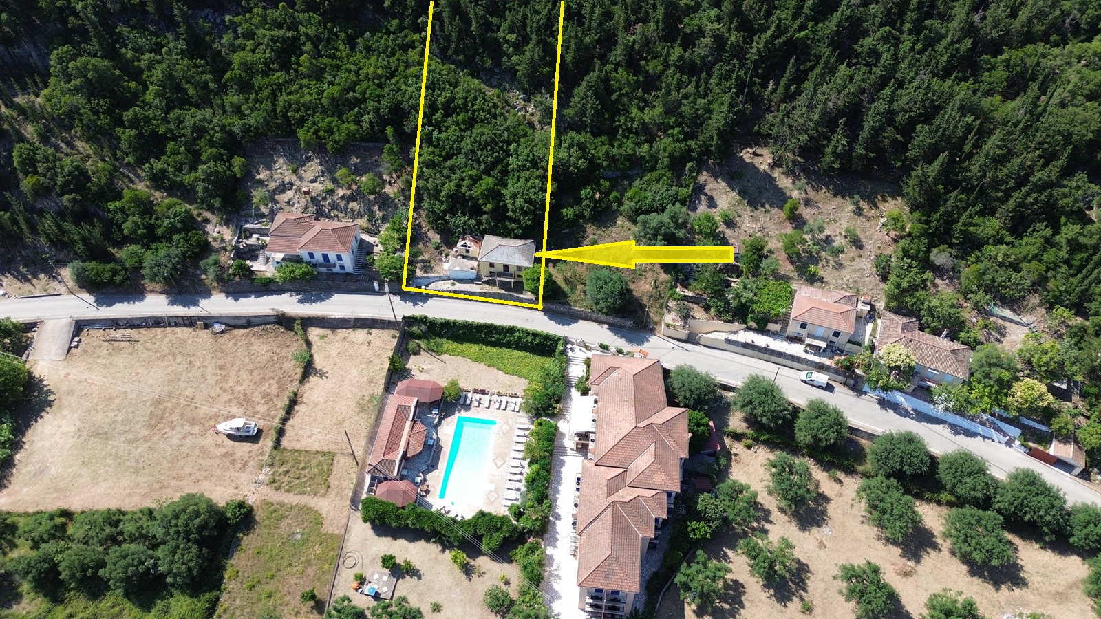 Aerial view with outlined border of house for sale in Ithaca Greece, Frikes