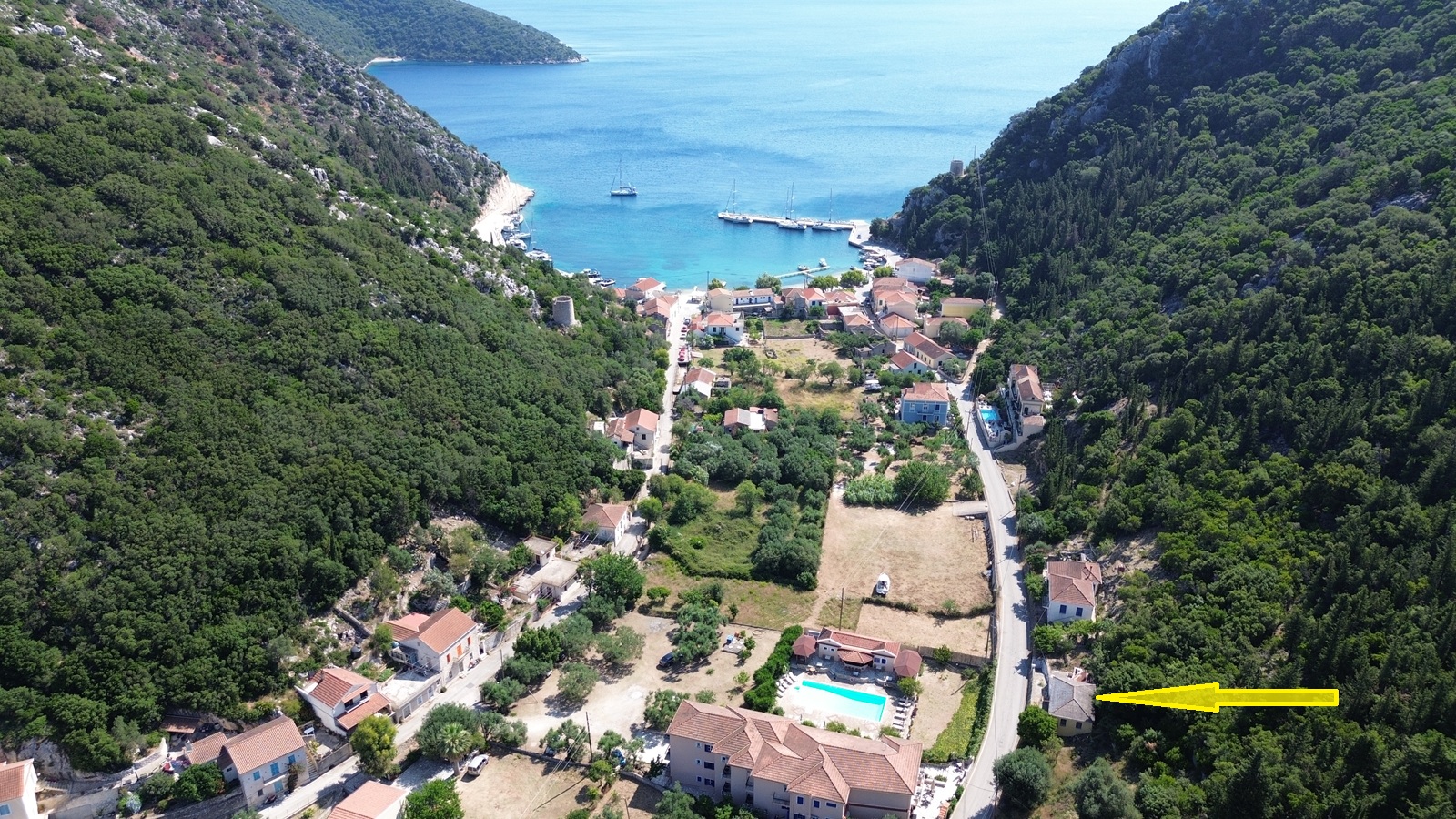 Aerial view and location of house for sale in Ithaca Greece, Frikes
