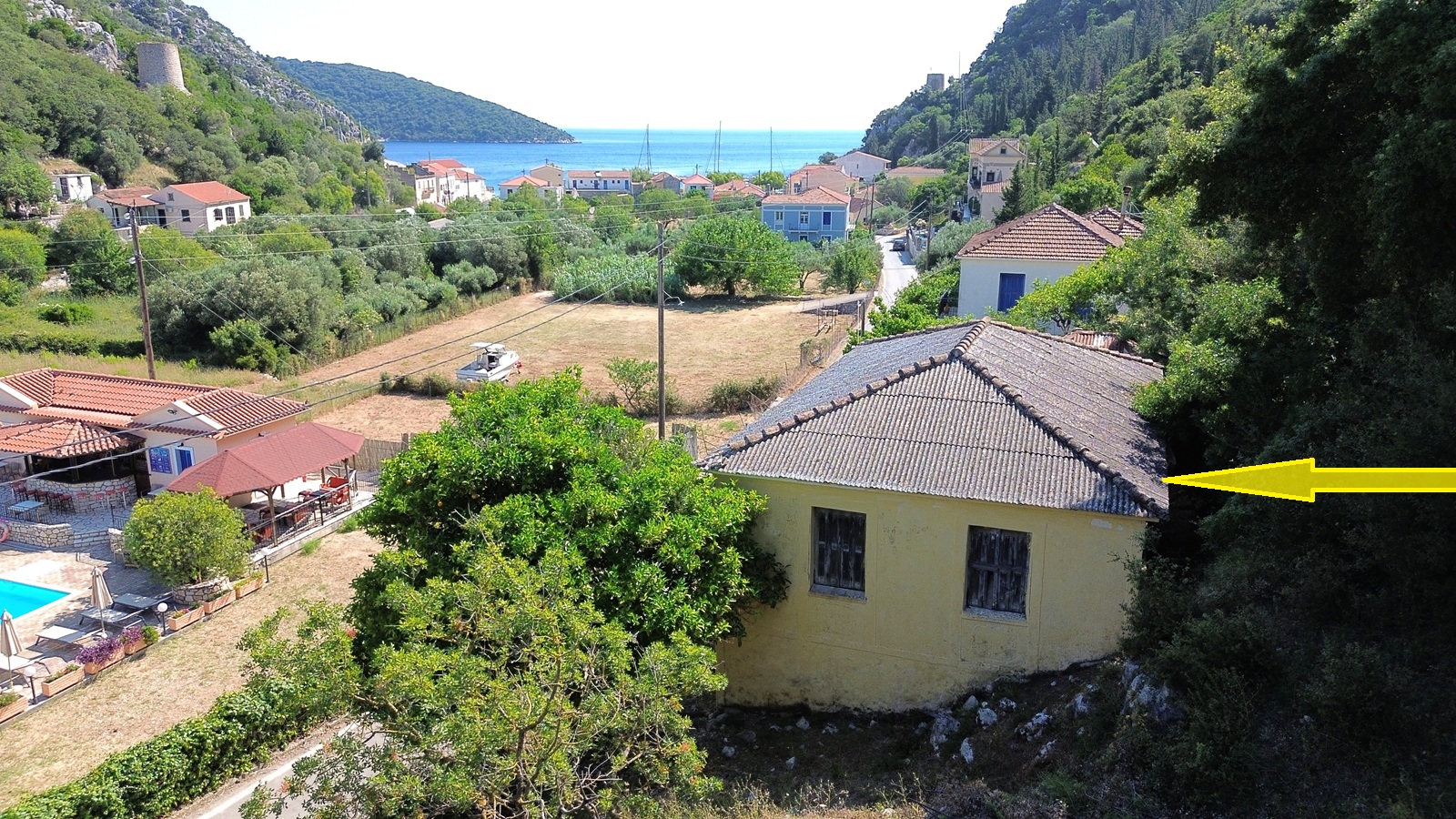 Aerial view with location of house for sale in Ithaca Greece, Frikes
