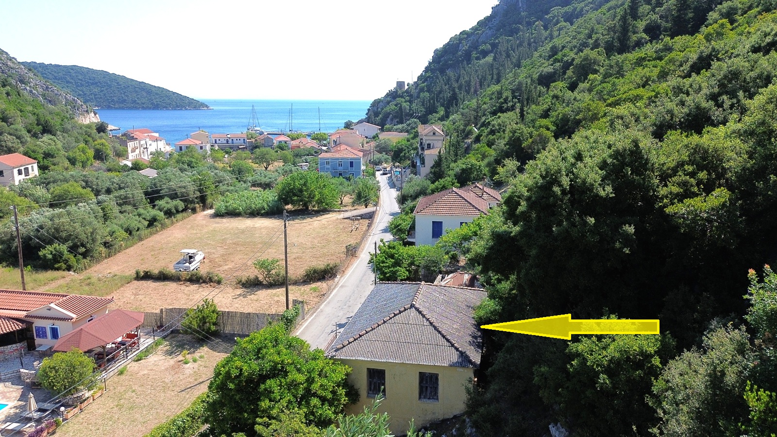 Aerial view with location of house for sale in Ithaca Greece, Frikes