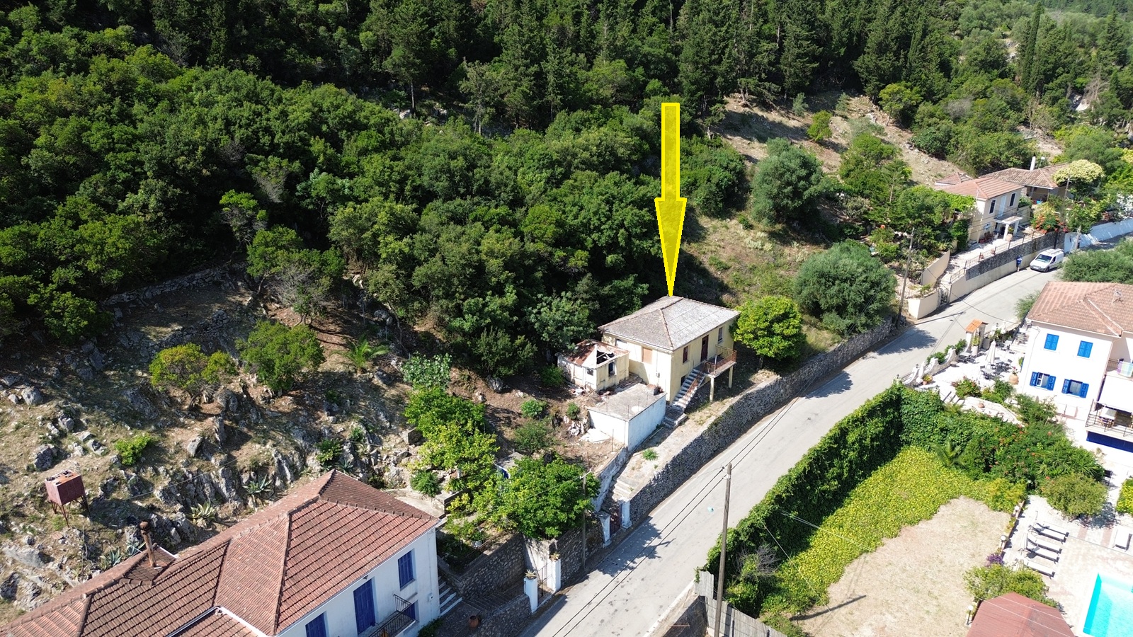 Aerial view with location of house for sale in Ithaca Greece, Frikes