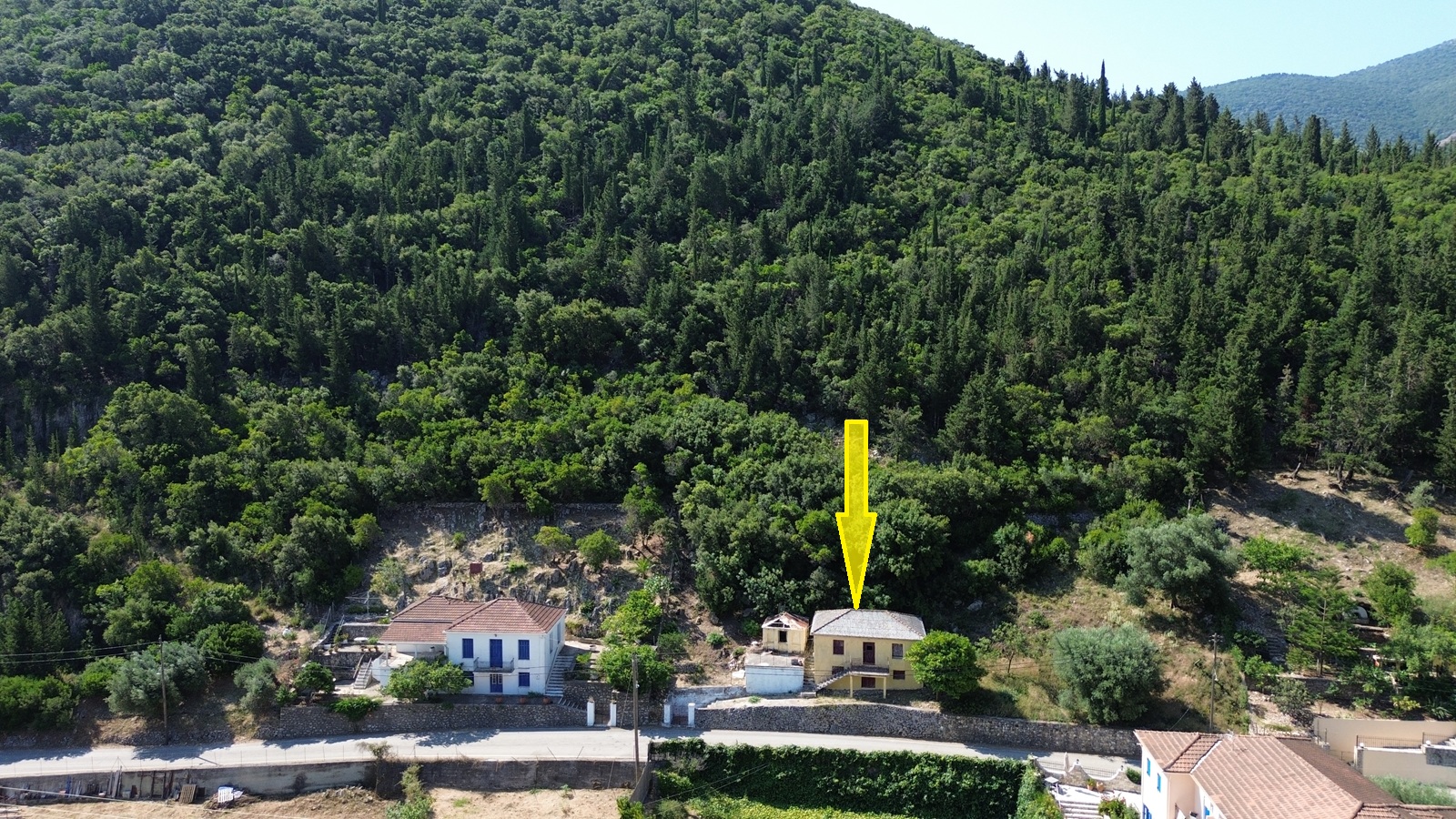 Aerial view with location of house for sale in Ithaca Greece, Frikes