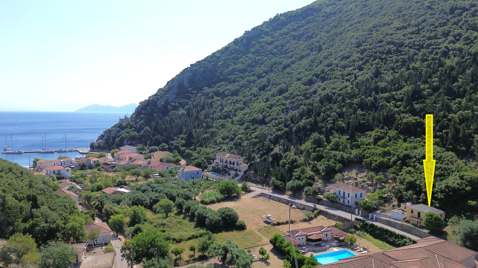 Aerial view with location of house for sale in Ithaca Greece, Frikes