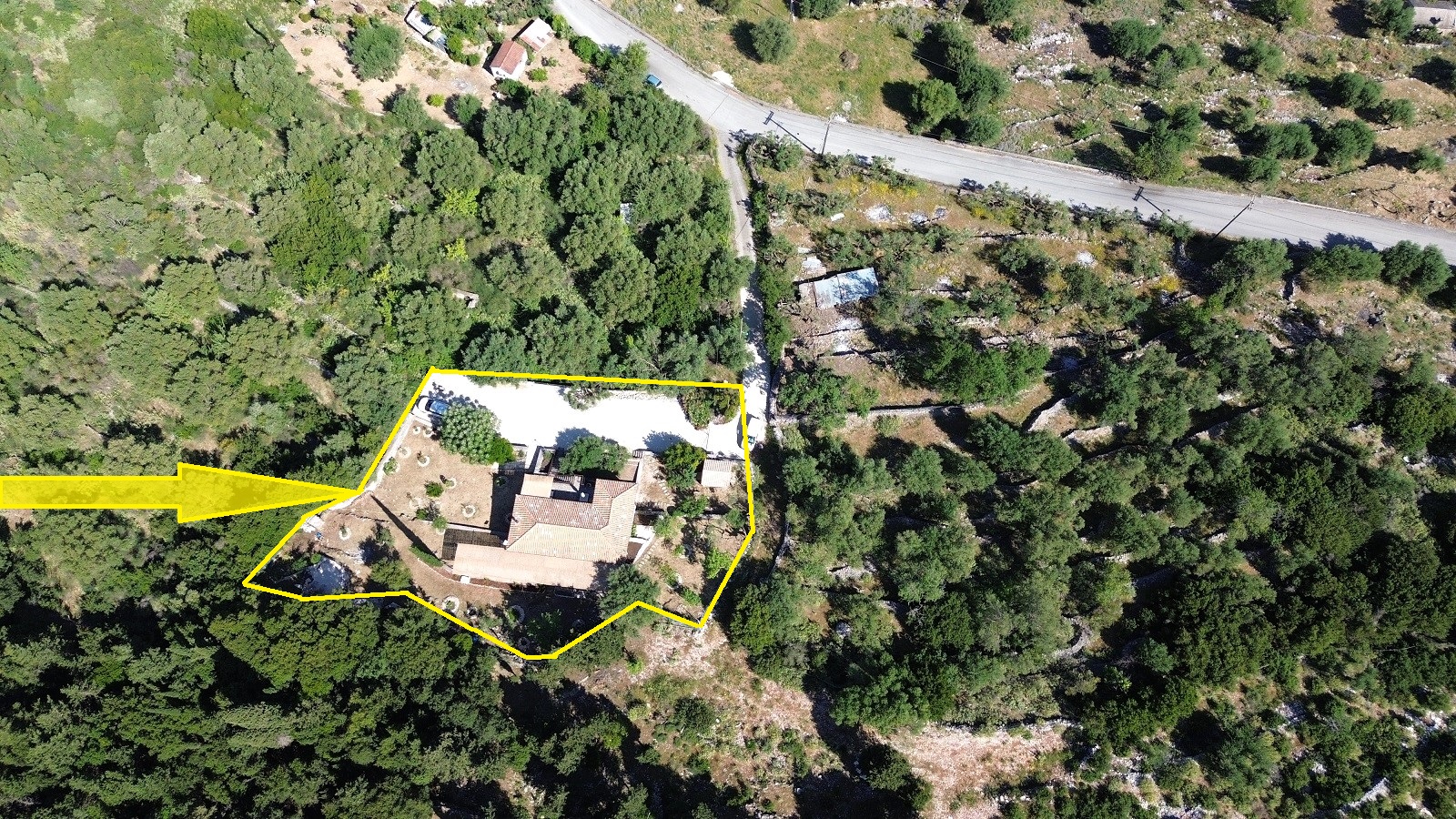 Aerial view with location and border of house for sale in Ithaca Greece, Stavros