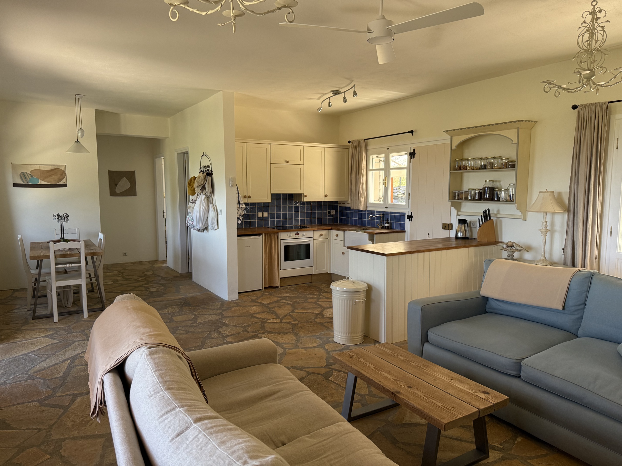 Kitchen and living room area of house for sale in Ithaca Greece, Stavros