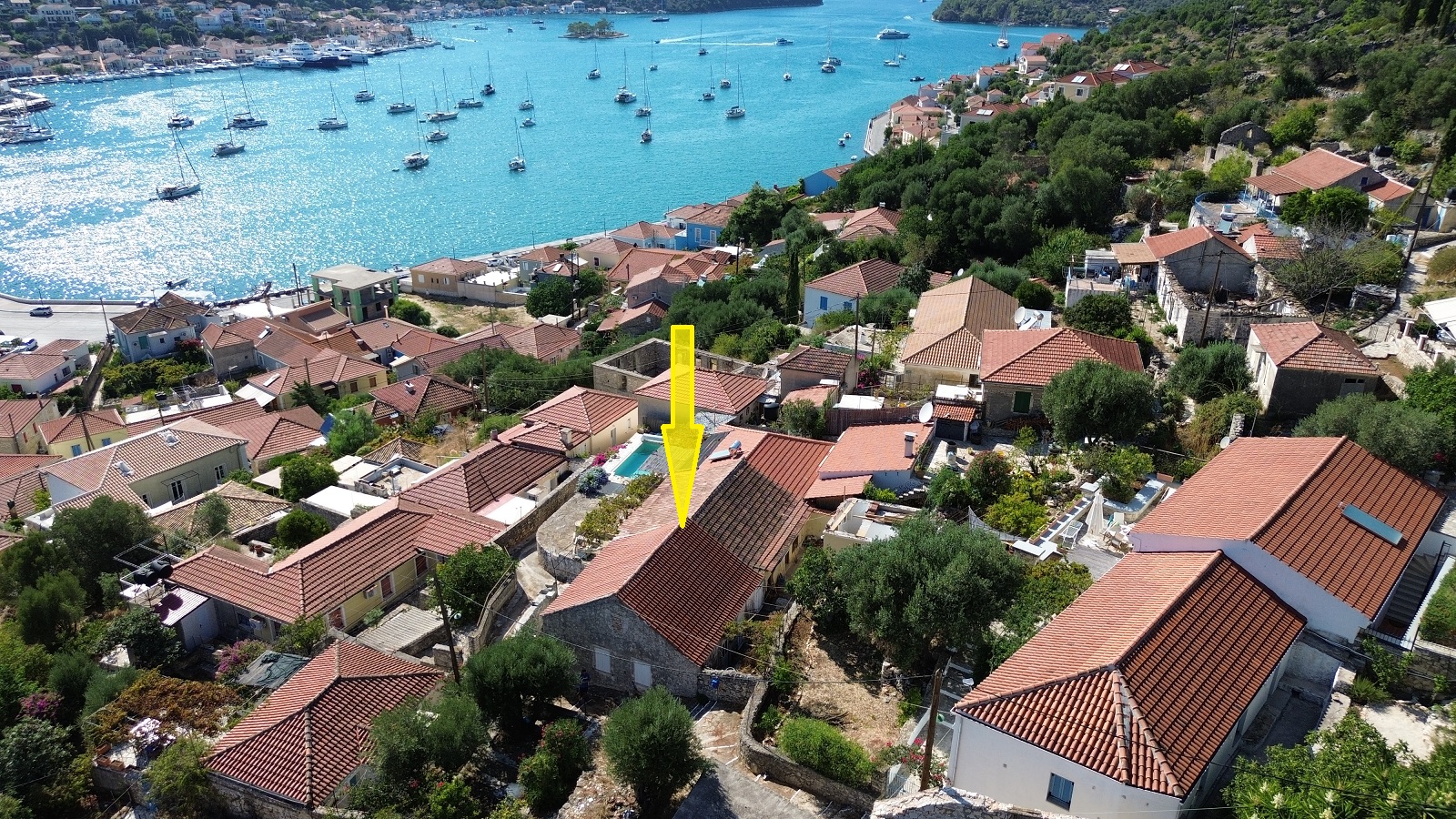 Aerial view and location of house for sale in Ithaca Greece, Vathi