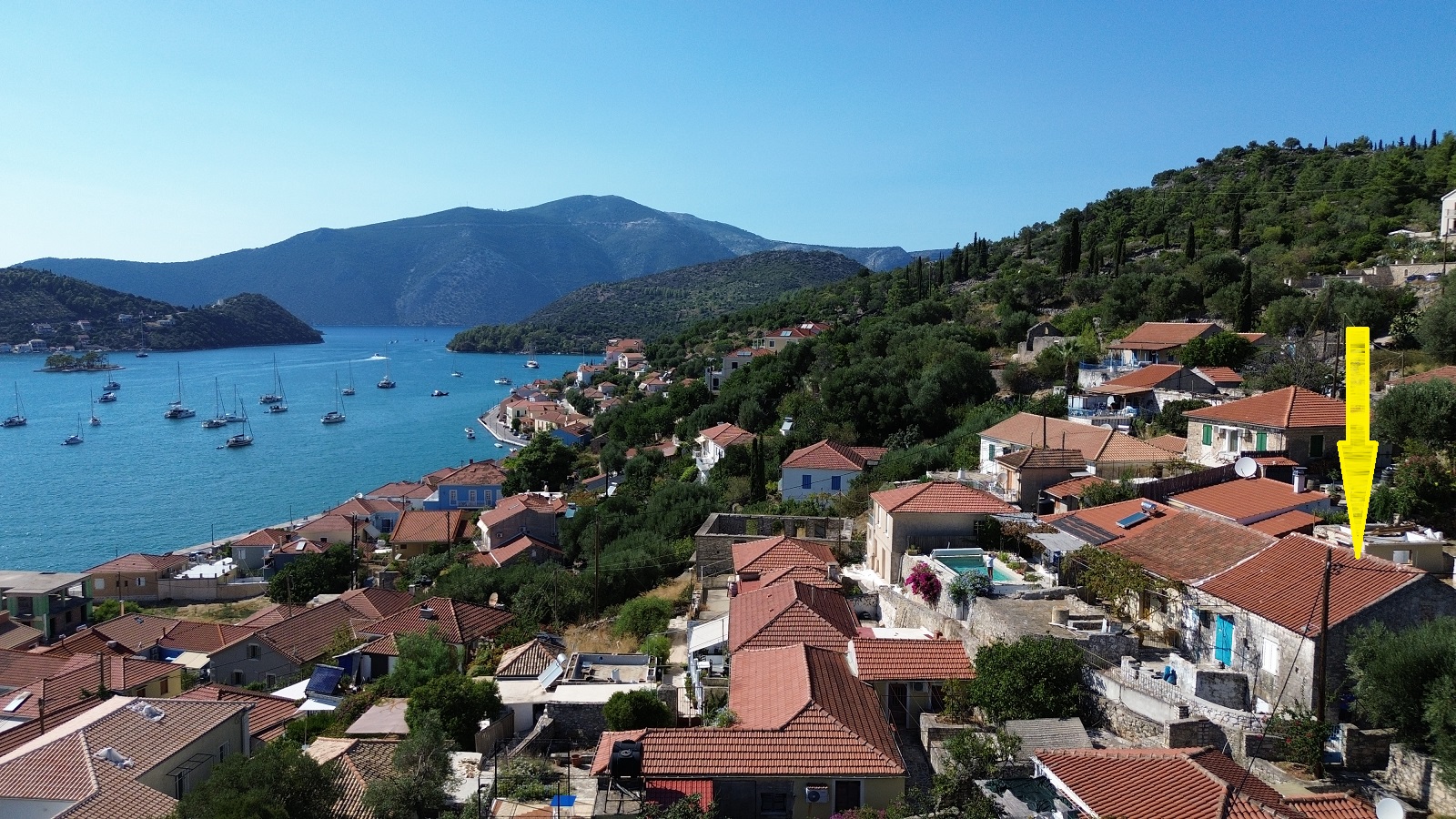 Aerial view and location of house for sale in Ithaca Greece, Vathi