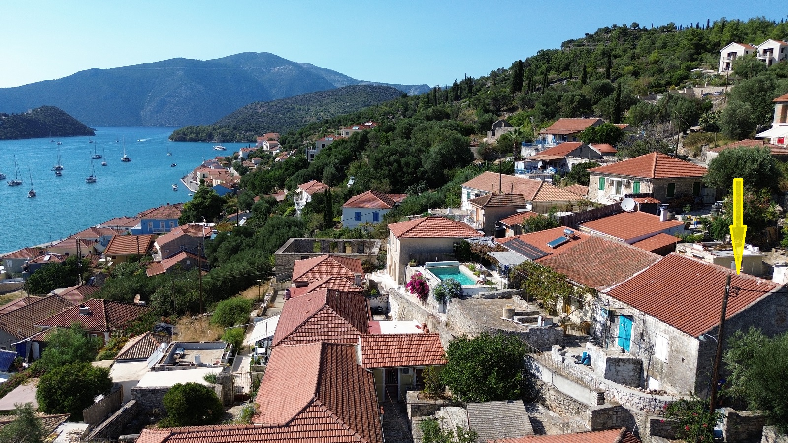 Aerial view and location of house for sale in Ithaca Greece, Vathi