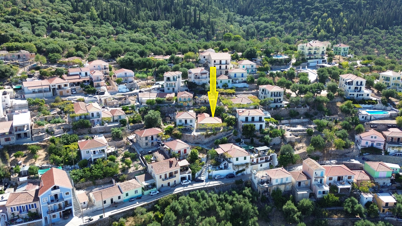 Aerial view and location of house for sale in Ithaca Greece, Vathi