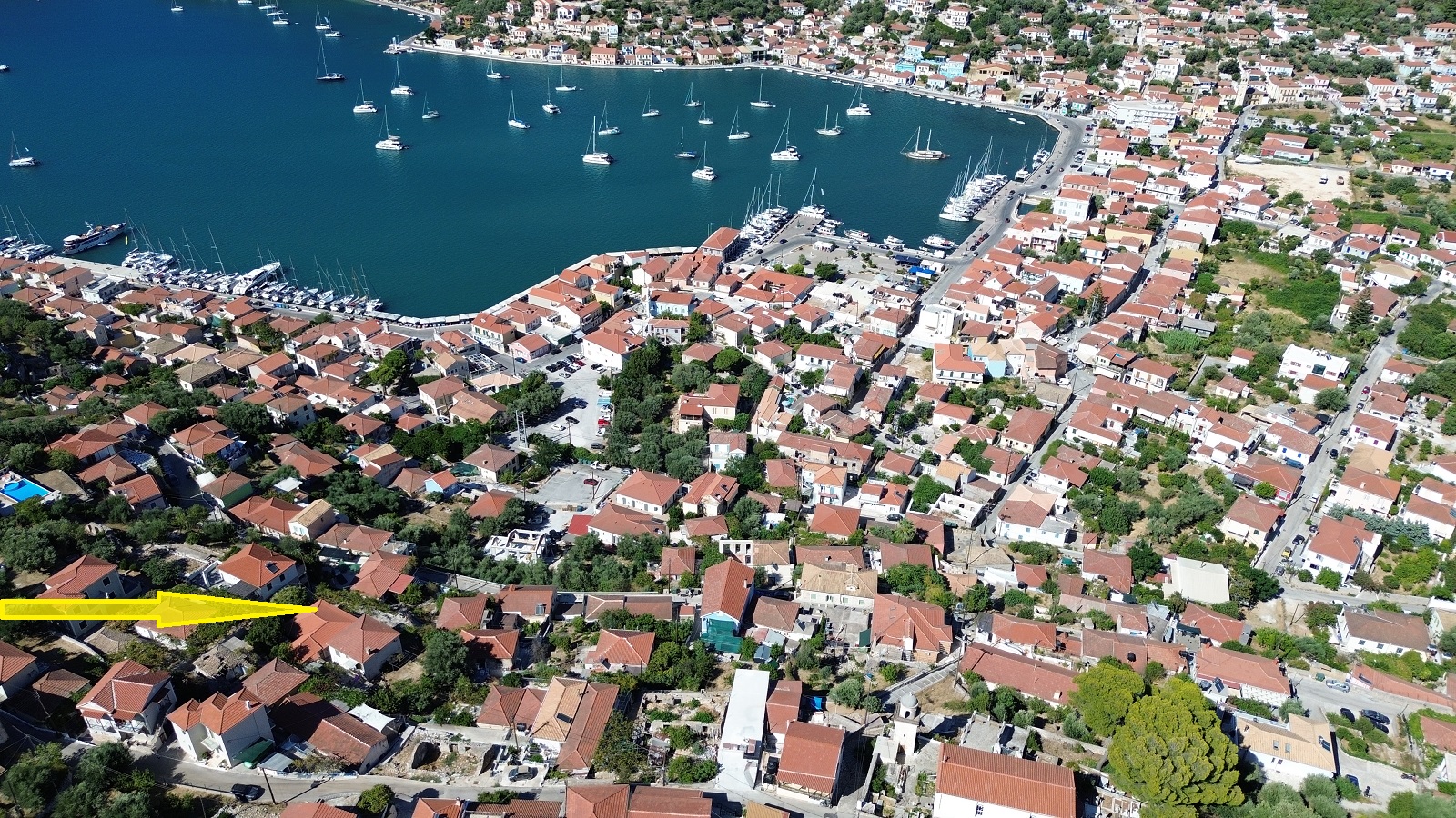 Aerial view and location of house for sale in Ithaca Greece, Vathi