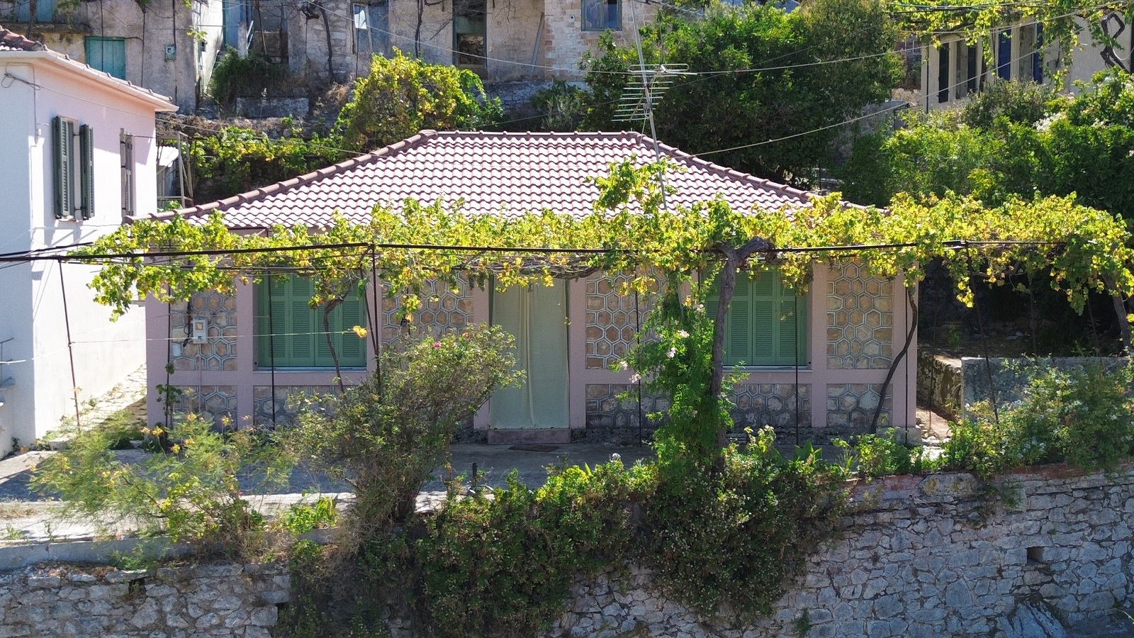 Aerial view of house for sale in Ithaca Greece, Vathi