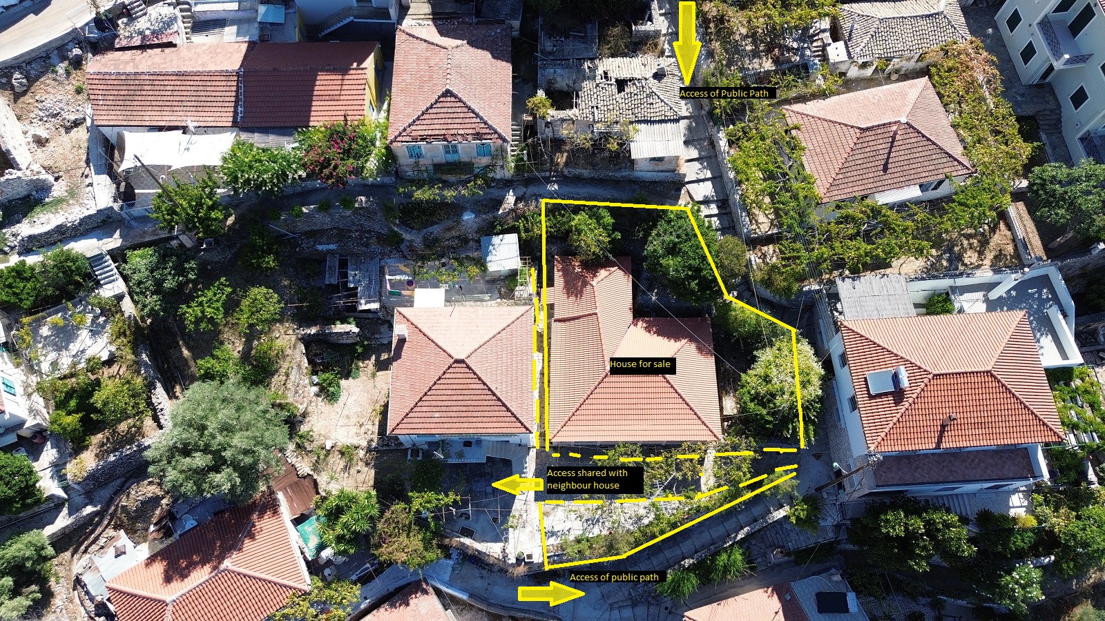 Aerial view with outlined borders and access paths of house for sale in Ithaca Greece, Vathi