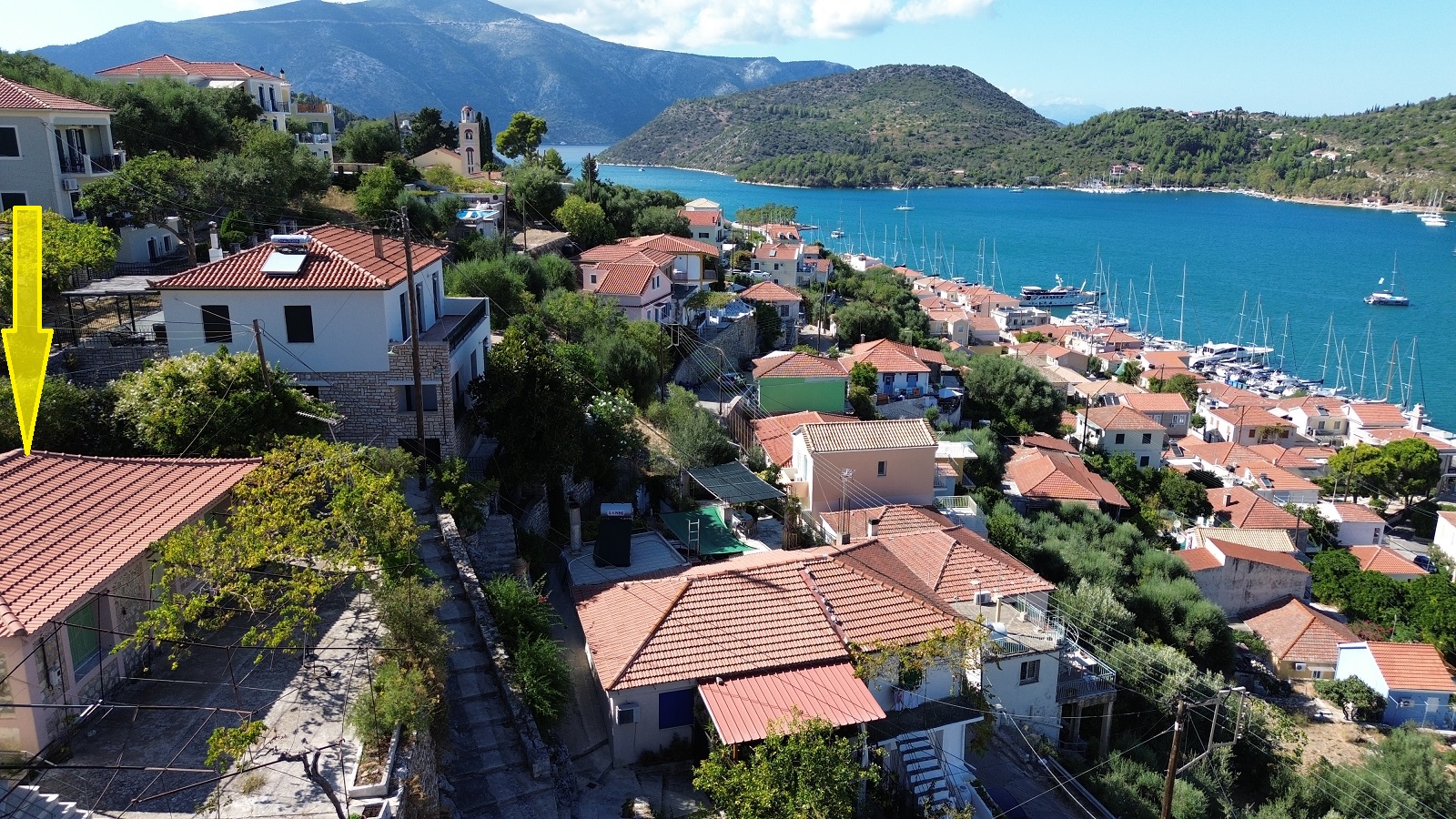 Aerial view and location of house for sale in Ithaca Greece, Vathi
