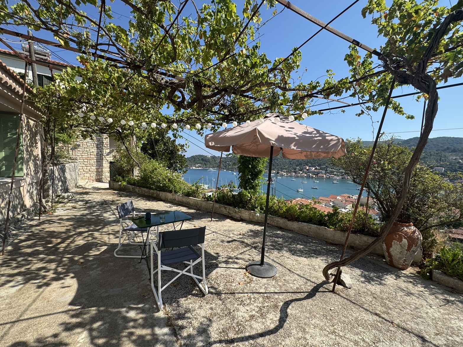 Outside area and sea views of house for sale in Ithaca Greece, Vathi