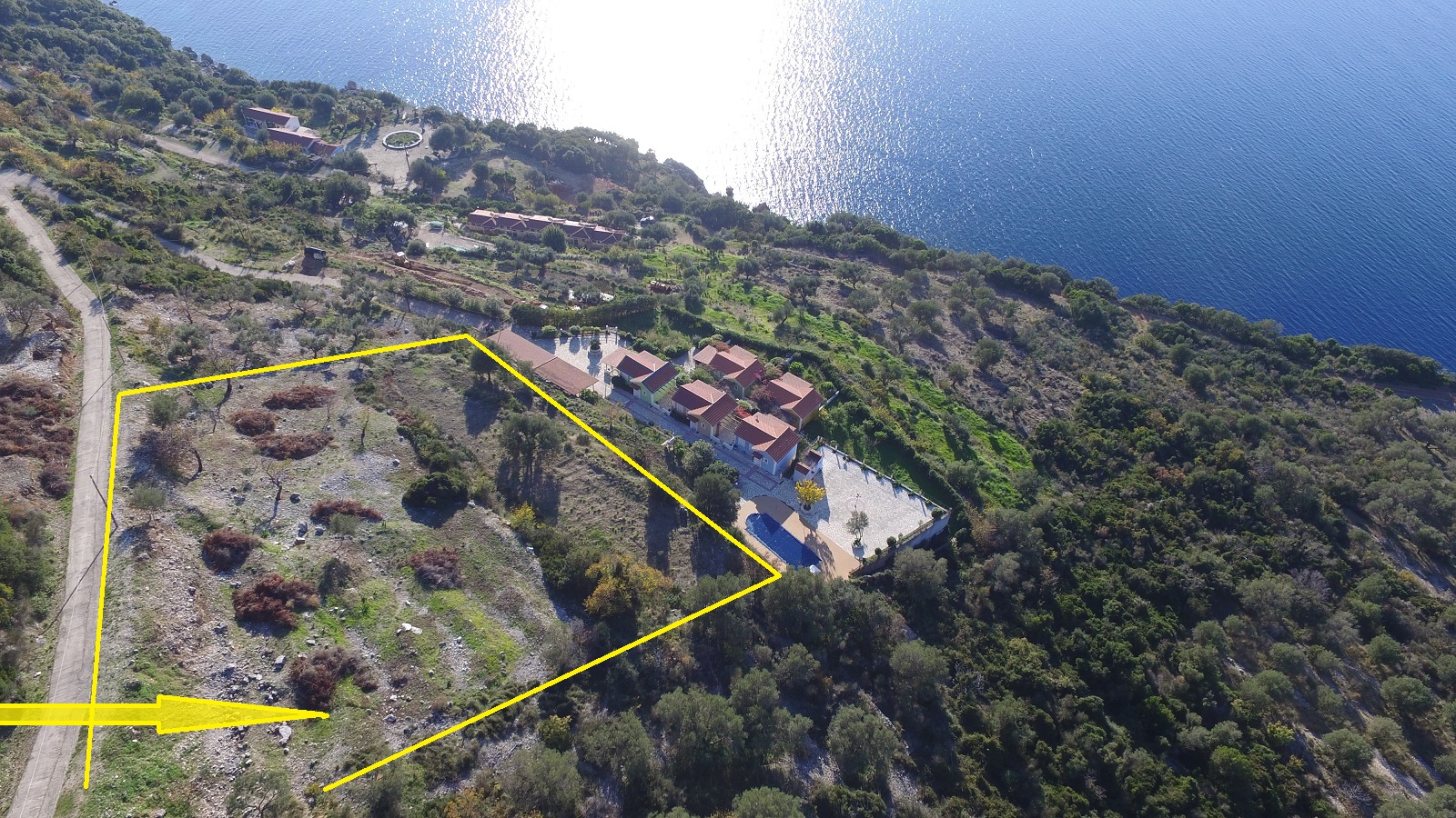 Aerial view and outlined border of land for sale in Ithaca Greece, Stavros