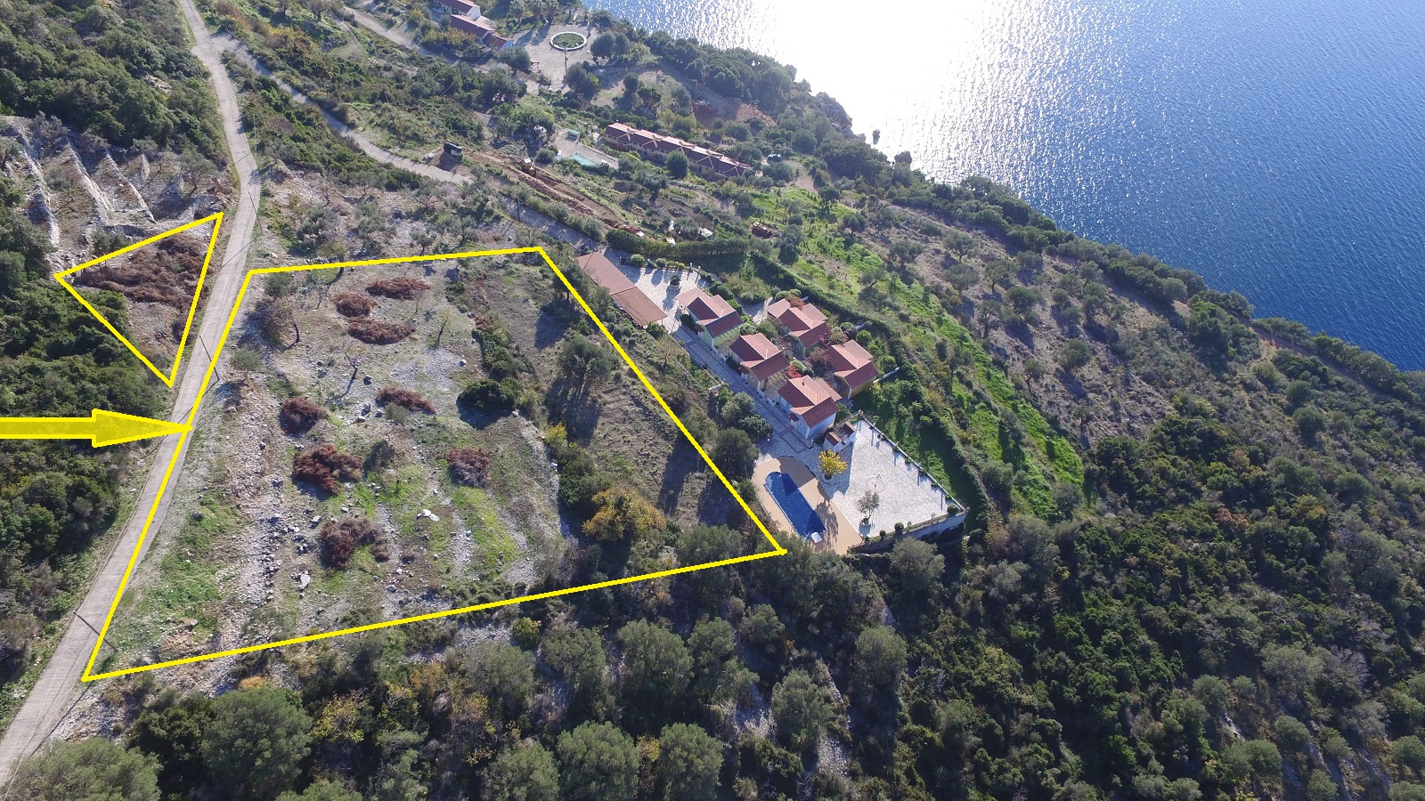 Aerial view and outlined border of land for sale in Ithaca Greece, Stavros